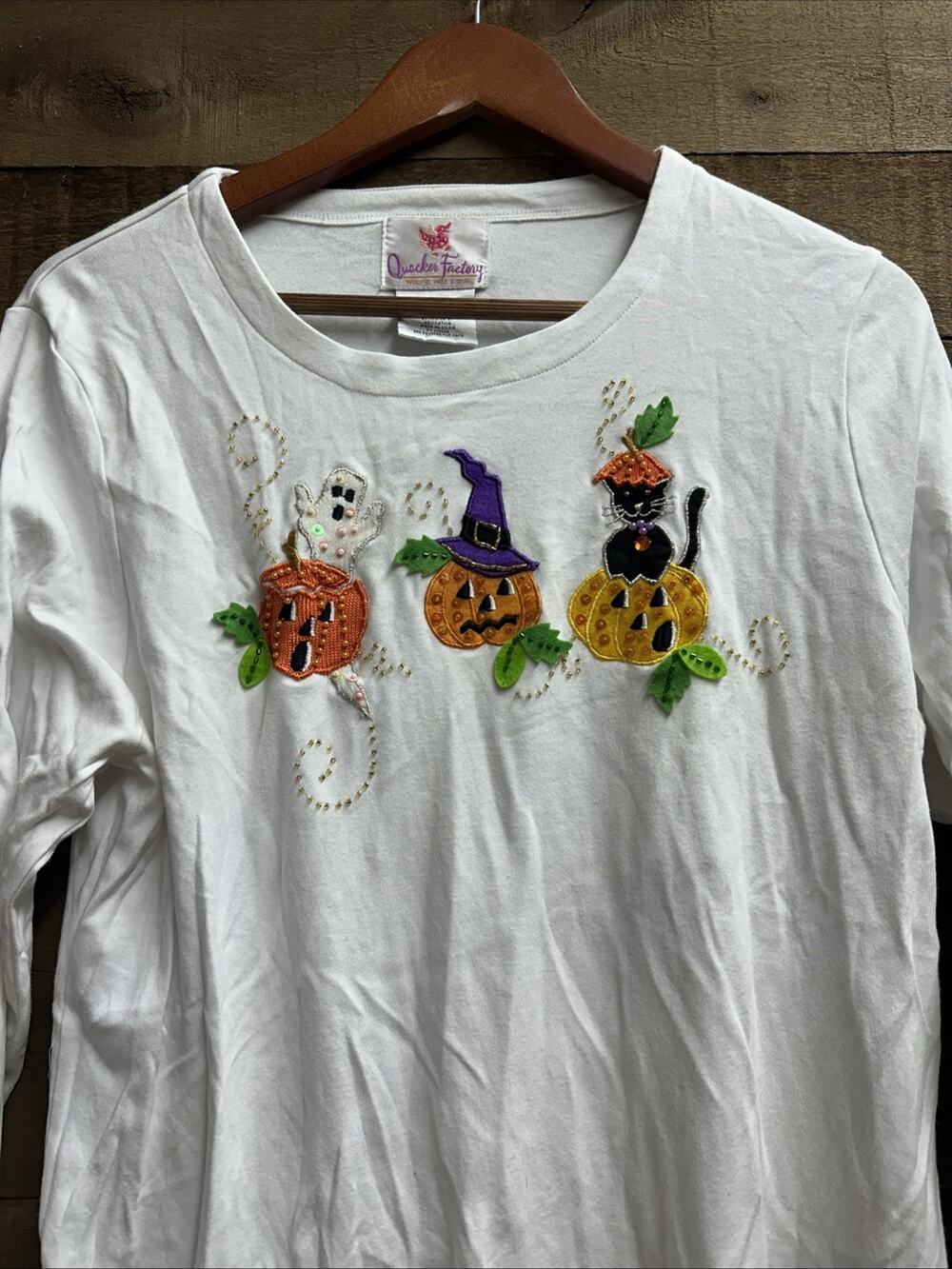Quacker Factory Long Sleeve Shirt Halloween Pumpkins, Black Cat, Witch & Ghost L